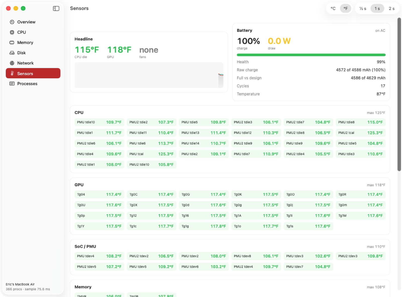 Sensors pane with named temperature sensors, battery, and power
